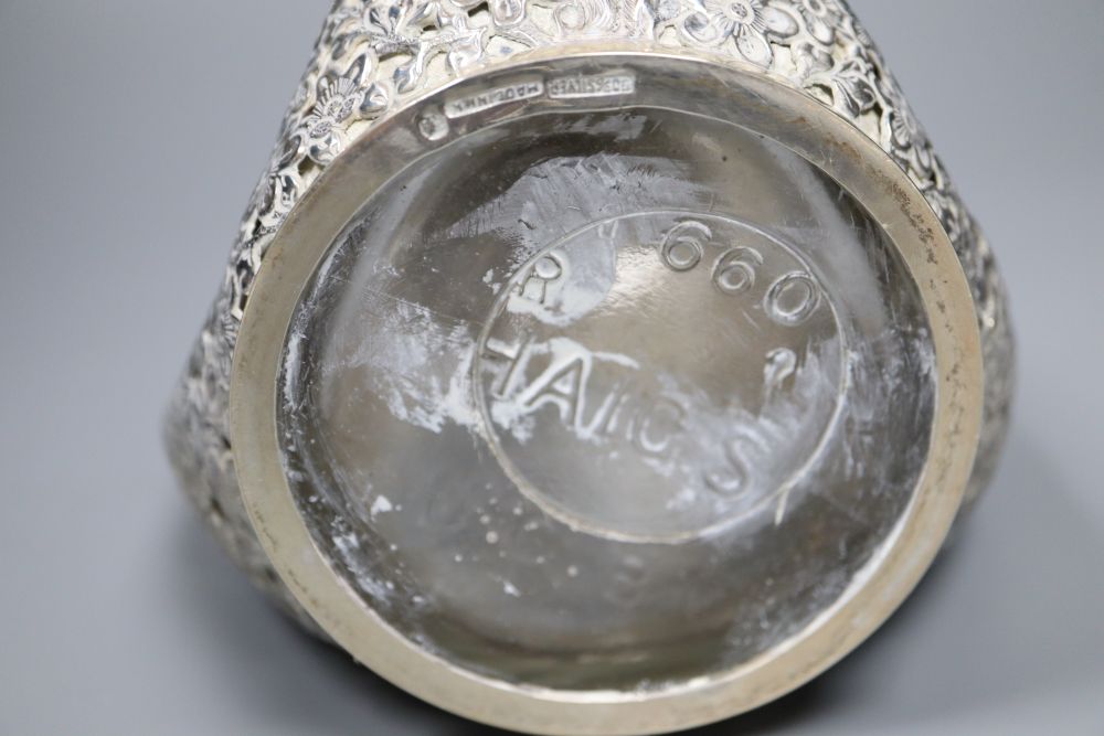 A Hong Kong sterling mounted Haigs bottle decanter and stopper, overall 26cm.
